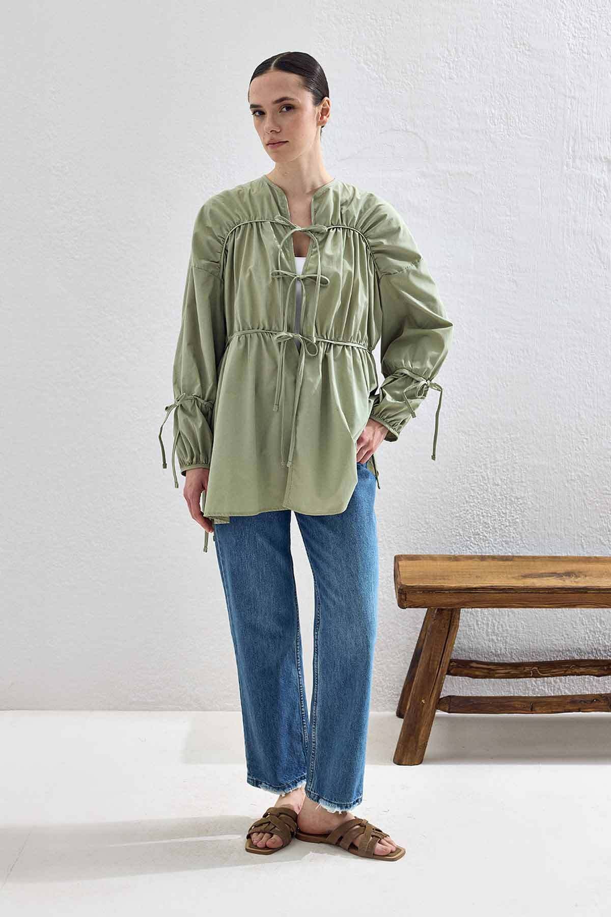 Hooopstore-Gathered Tie-Up Shirt 5