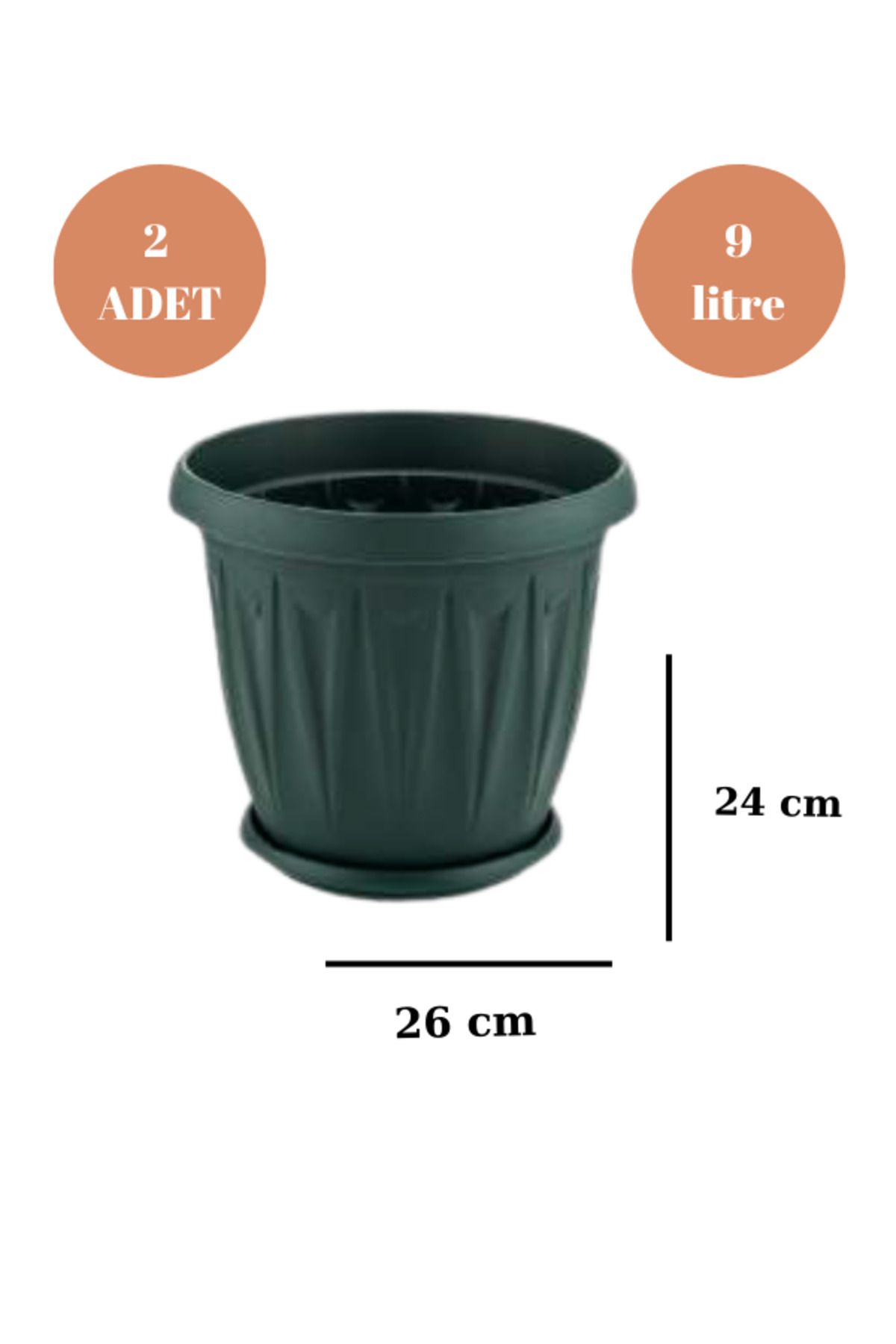 Loremp Balkon Saksı Bahçe Saksısı Büyük Boy Yuvarlak Saksı ve Altlığı 9 Litre 2 Adet 26x24 Yeşil
