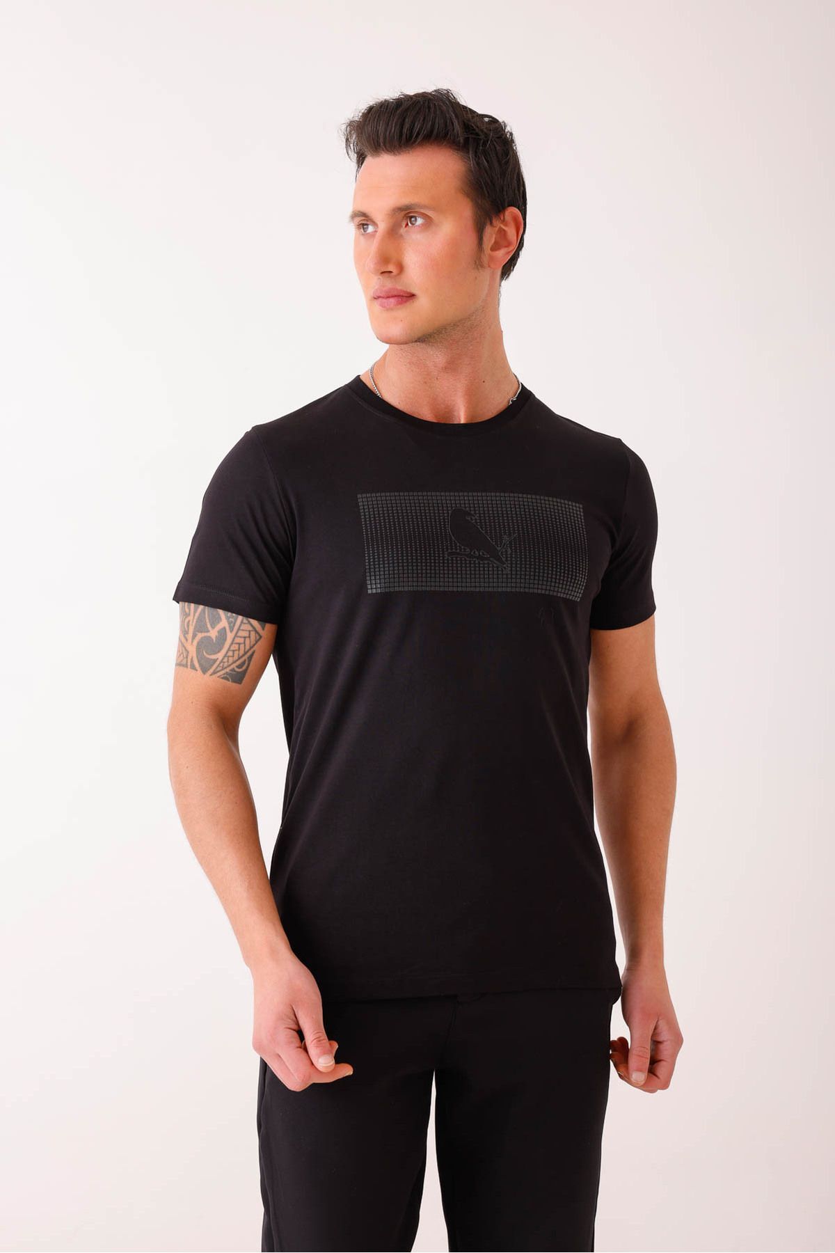 Decas SOLEMNIS Slim Fit Baskılı Basic Tişört - Siyah