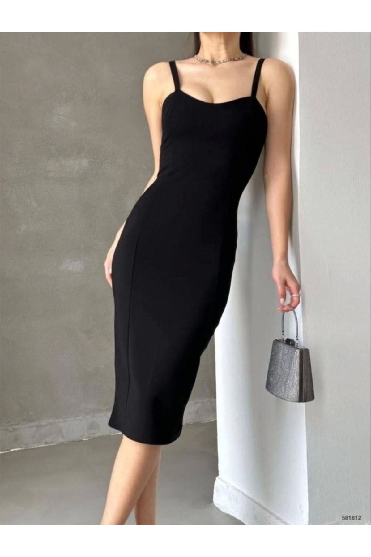 Butik Kadın Dalgıç Krep Kumaş Askılı Midi Boy Elbise