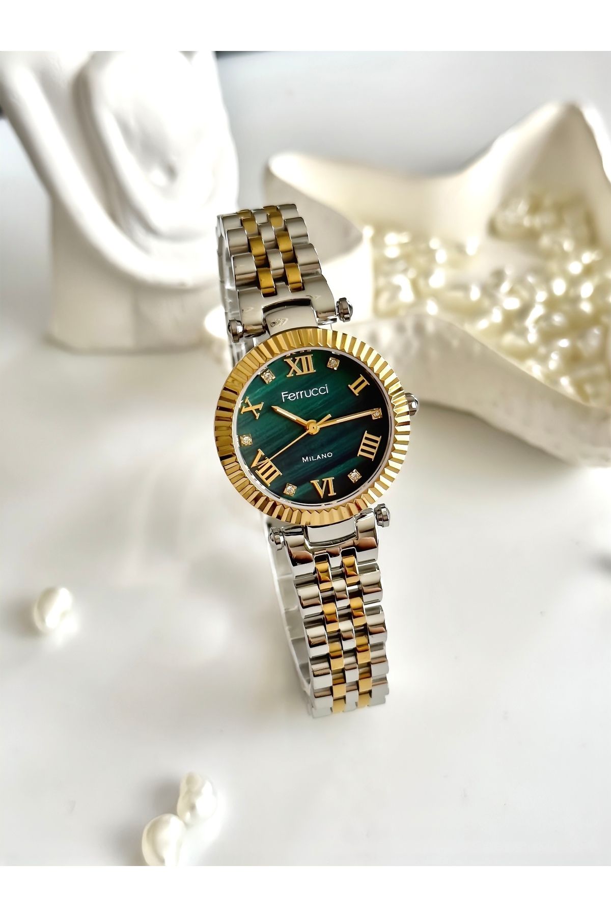 Ferrucci FERRUCCİ-(GOLD&GÜMÜŞ) yeşil iç kadran minimal kasa kadın kol saati