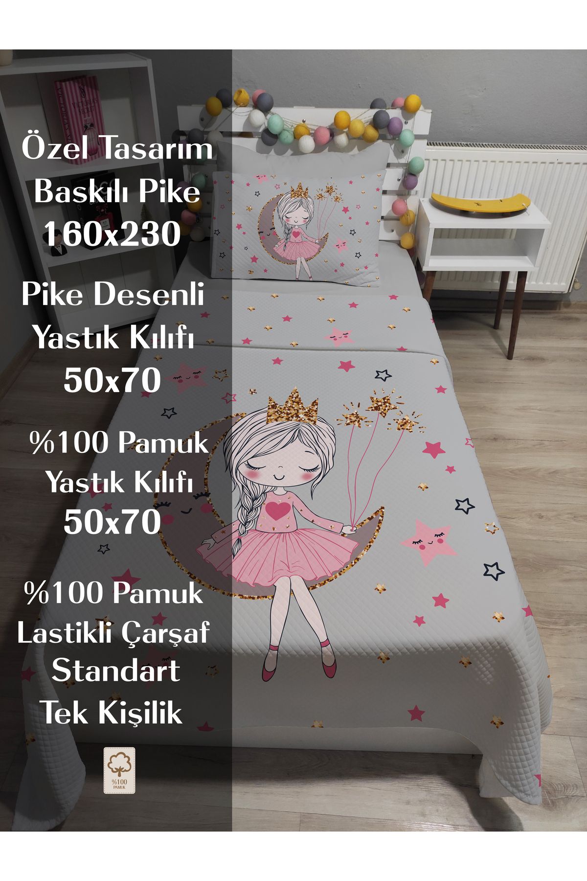 yok yok evim eve dair her şey-4 Piece Girl Sitting on the Moon Patterned Single Pi̇ke Bedspread Set with Elastic Sheets 3