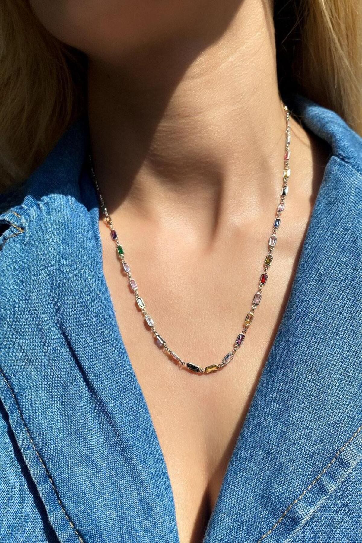 Spossy Silver Jewelry Renkli Dikdörtgen Taşlı Kolye