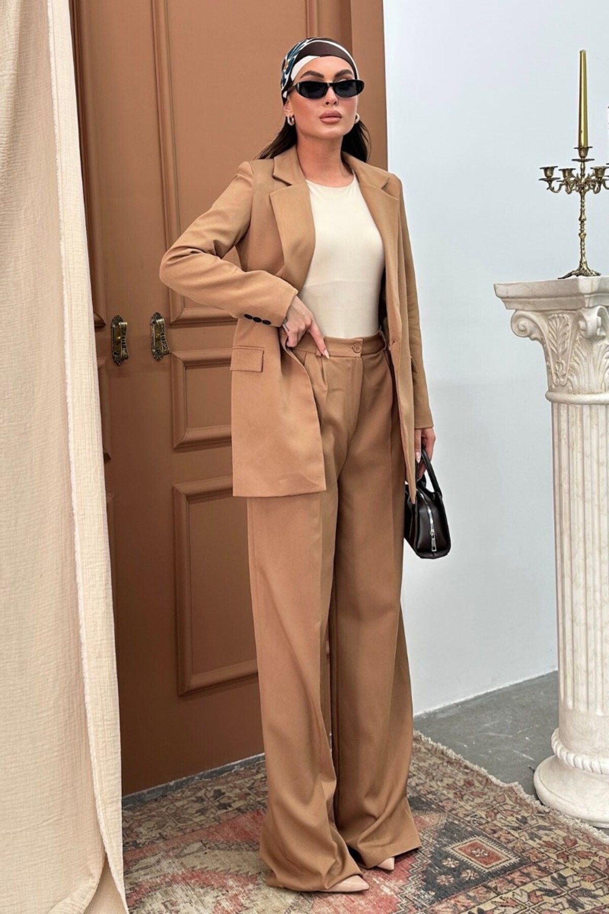 msm fashion Kadın Palazzo Pantolon Düğmeli Bol Paça Çift Cepli Pantolon