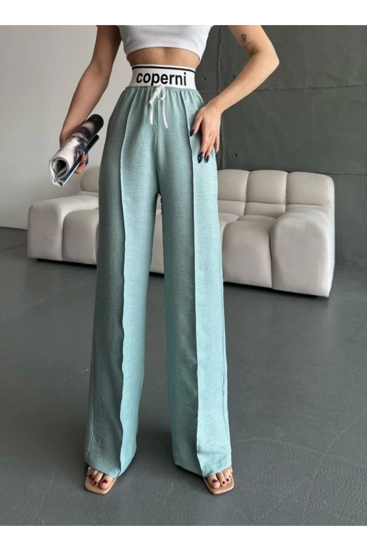 Butik Kadın Aerobin Kumsş Yüksek Bel Bol Kesim Gipeli Pantolon