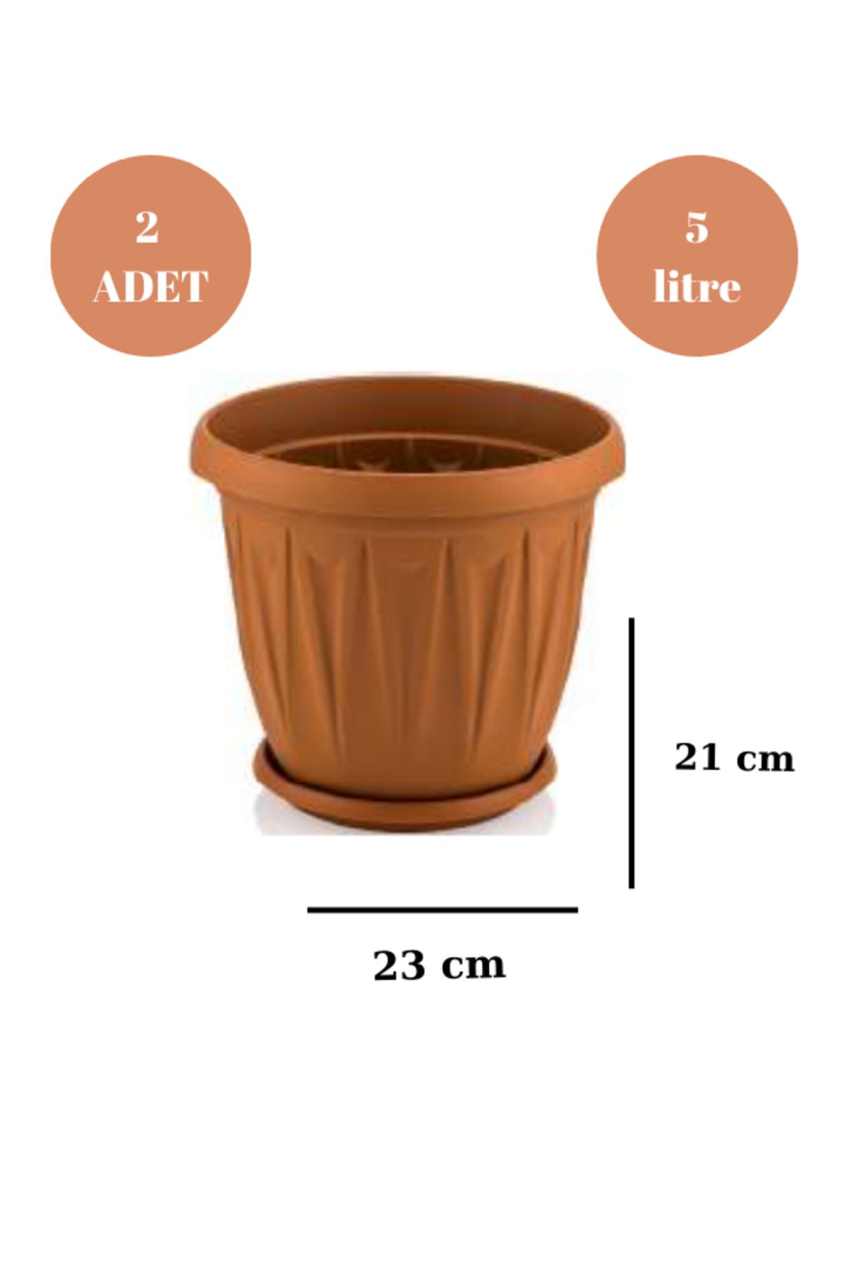 Loremp Balkon Saksı Bahçe Saksısı Orta Boy Yuvarlak Saksı ve Altlığı 5 Litre 2 Adet 23x21