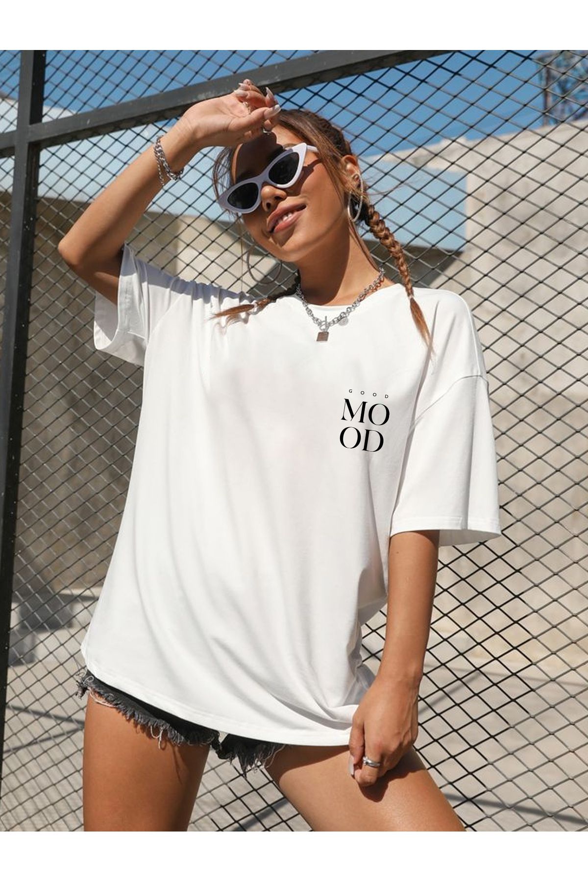 Plaza Butik Kadın Good Mood Baskılı Oversize Tshirt