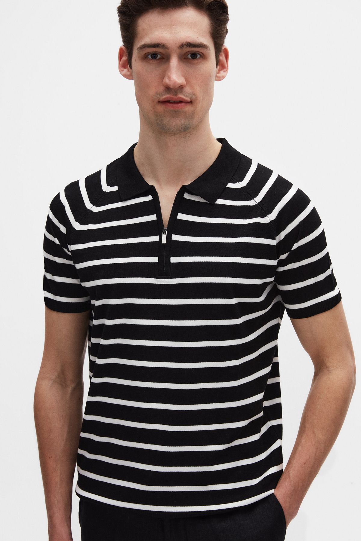 D'S Damat Ds Damat Slim Fit Siyah Rayon Polo Yaka Fermuarlı Triko T-Shirt
