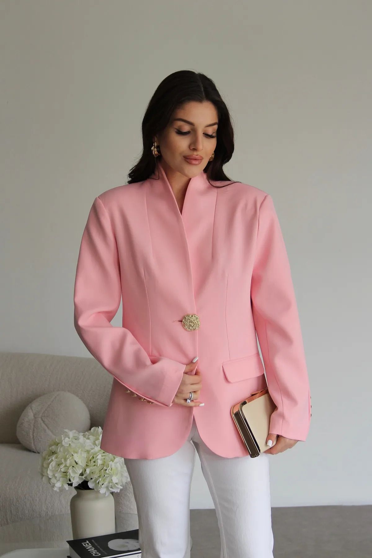 AlisaSu Pembe Gold Düğmeli Şal Yakalı Blazer Ceket