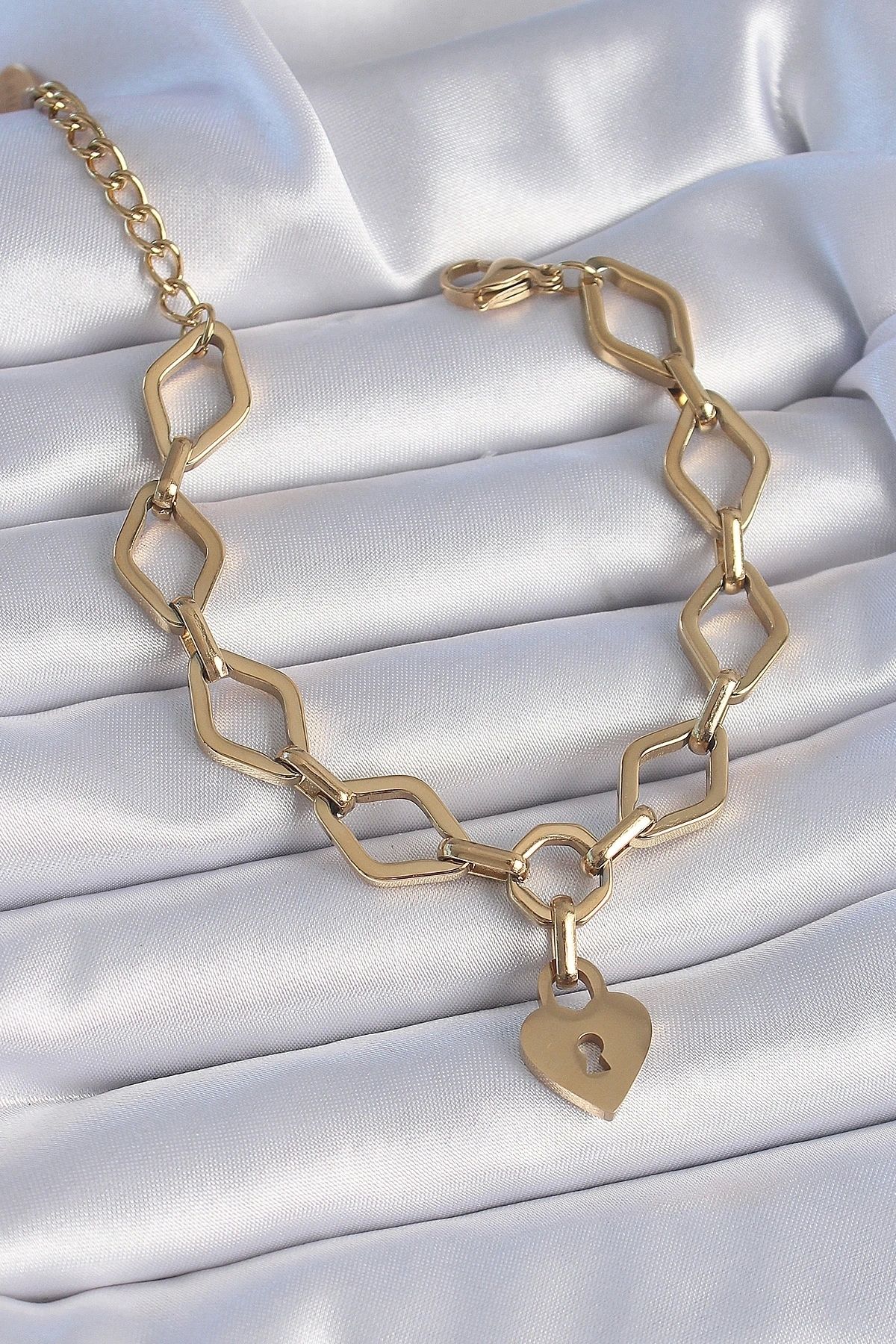 STOREMAX 316L Çelik Gold Renk Zincir Model Kilit Kalp Figür Kadın Bileklik