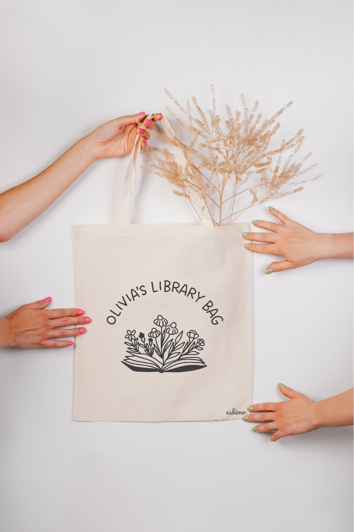 Eshimo "Olivia's Library Bag" Yazılı Kitap ve Çiçek Baskılı Dtf Baskılı Bez Çanta
