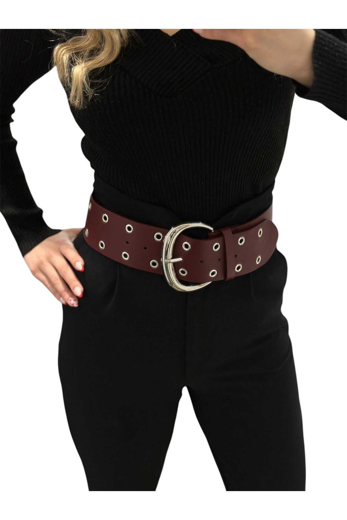 MyladyAccessoriess Zımba Detaylı Kalın Bordo Kemer (90Cm)
