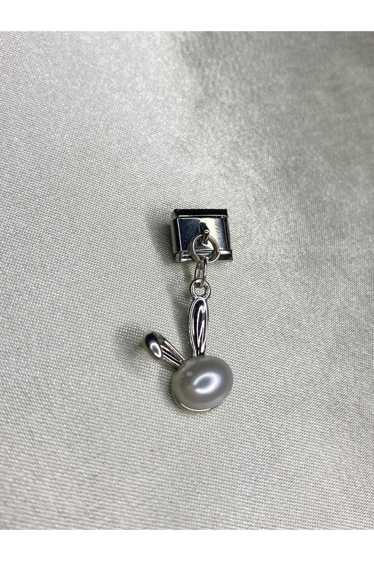 Çelik İtalyan Bileklik Charm Beyaz Tavşan