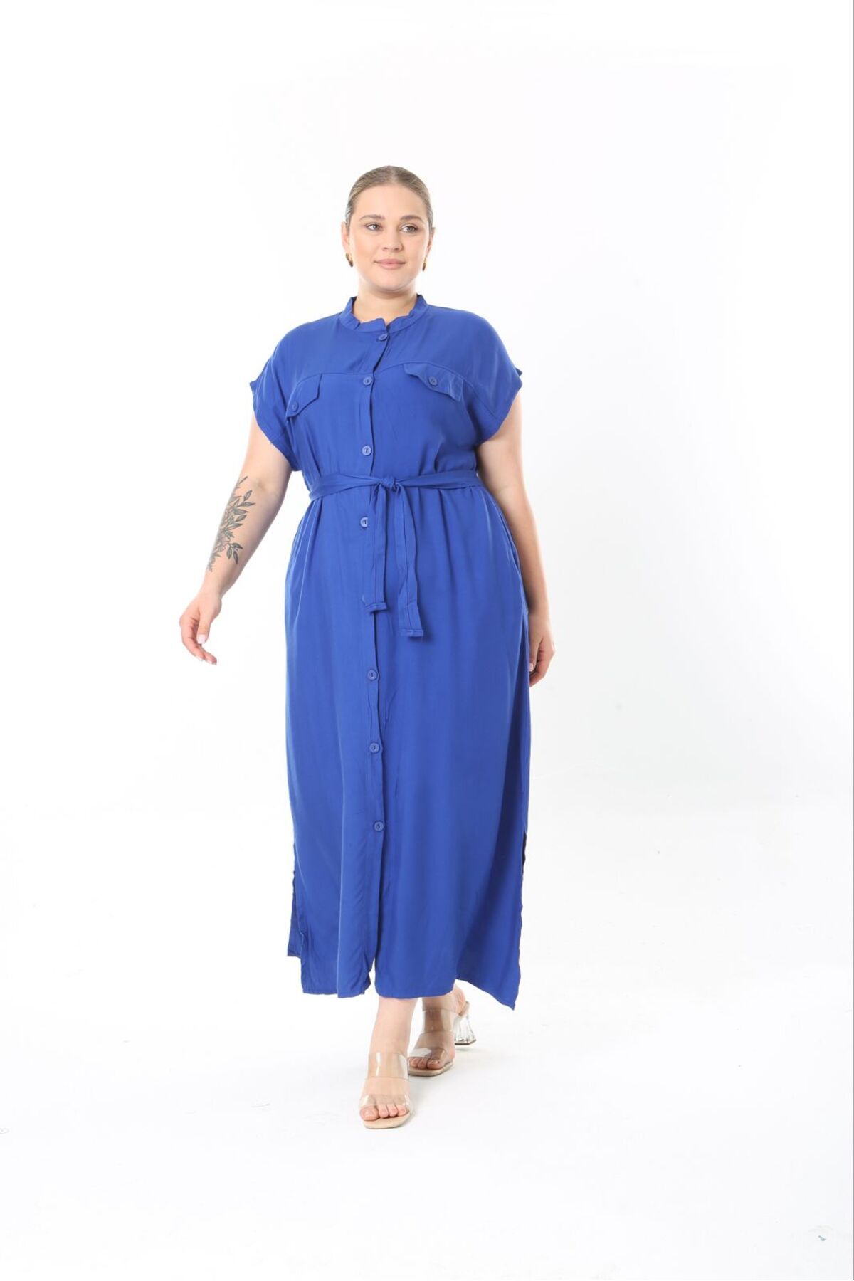 Şans-Women's Plus Size Saks, Front Length Buttons, Belted Long Dress 65N38956 5
