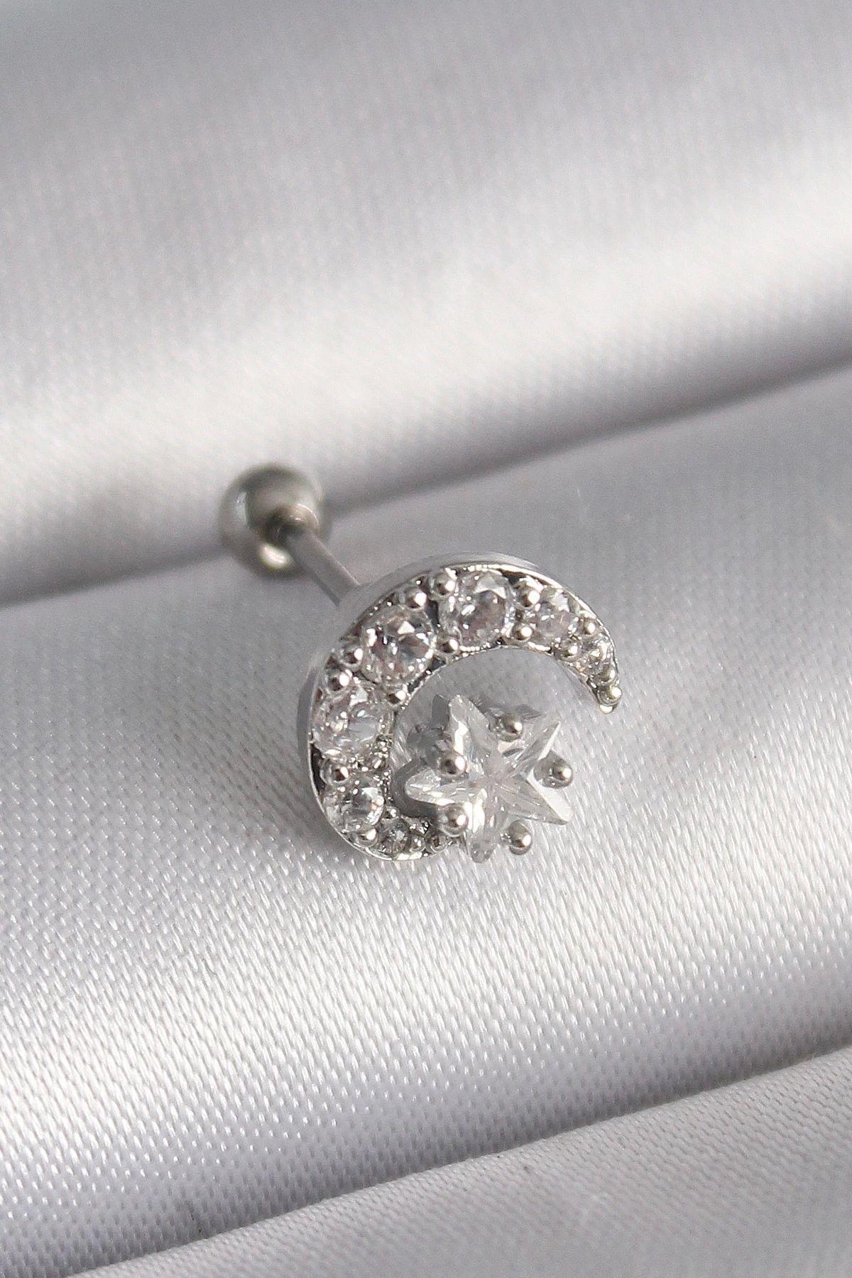 STOREMAX 316L Çelik Gümüş Renk Zirkon Taşlı Ay Yıldız Tragus Piercing