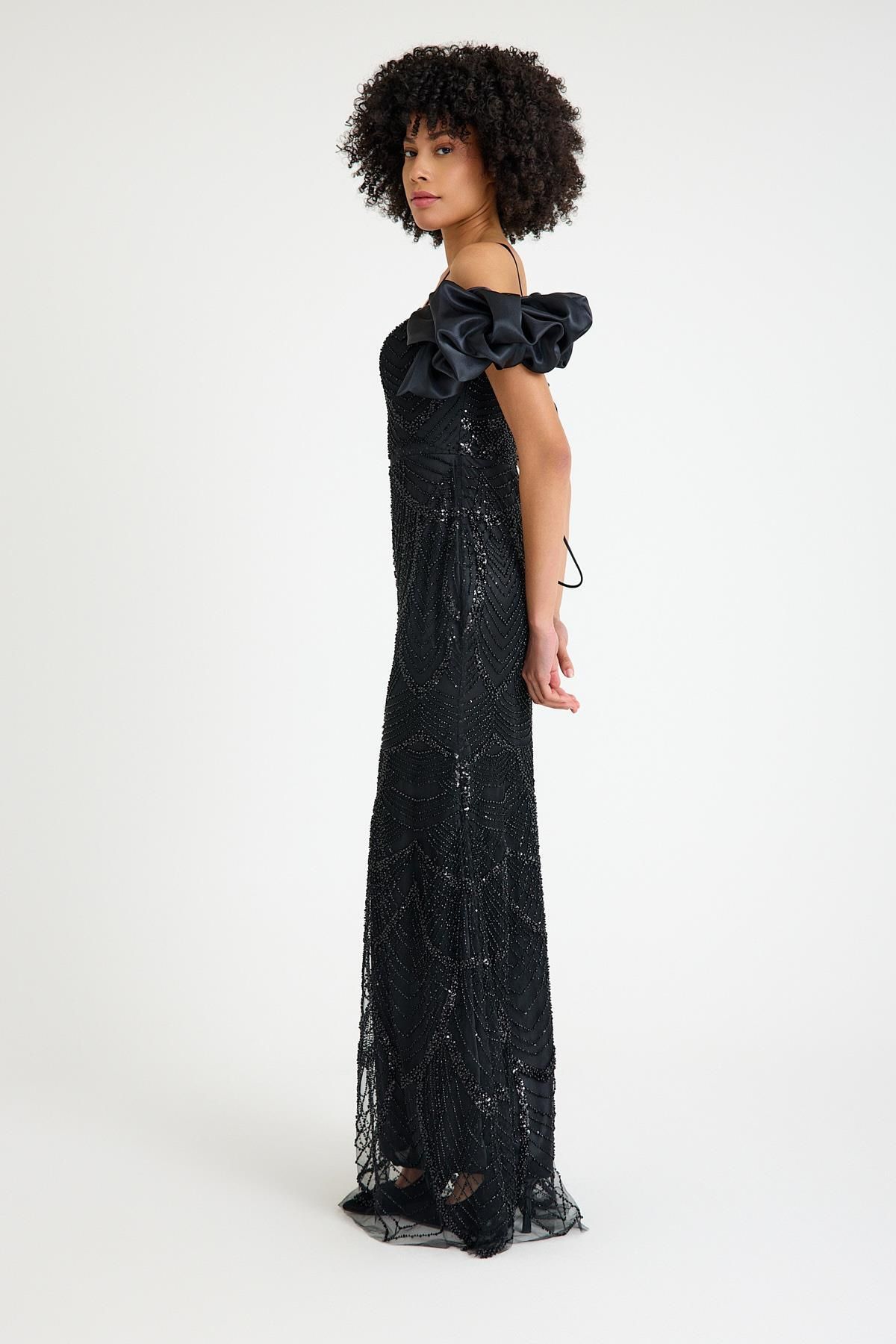 SpringStore-Black Off Shoulder Beading Embroidered Evening Dress 4