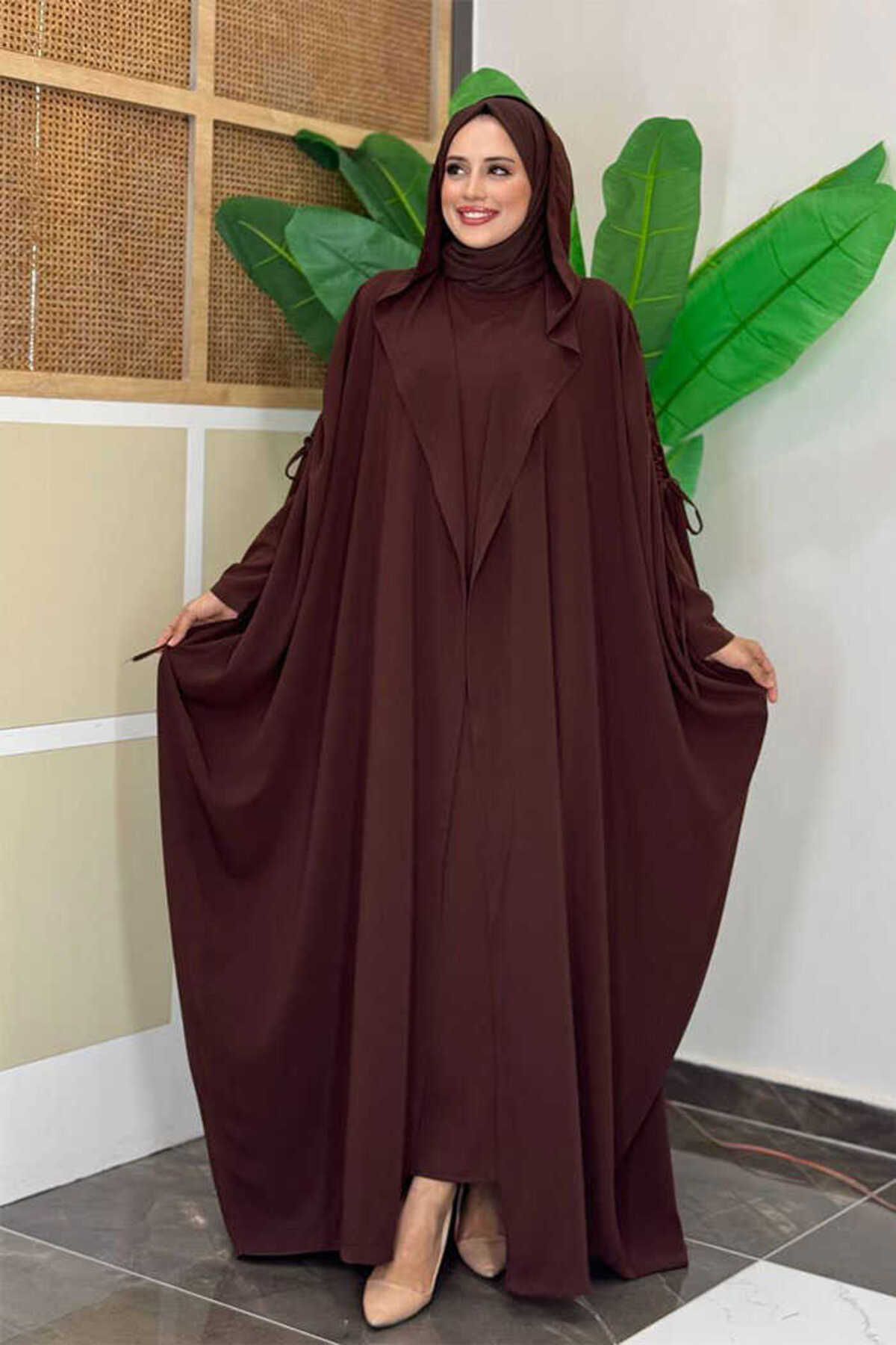 Bym Fashion Kapüşonlu Abaya ve Elbise İkili Takım 70013 Kahverengi
