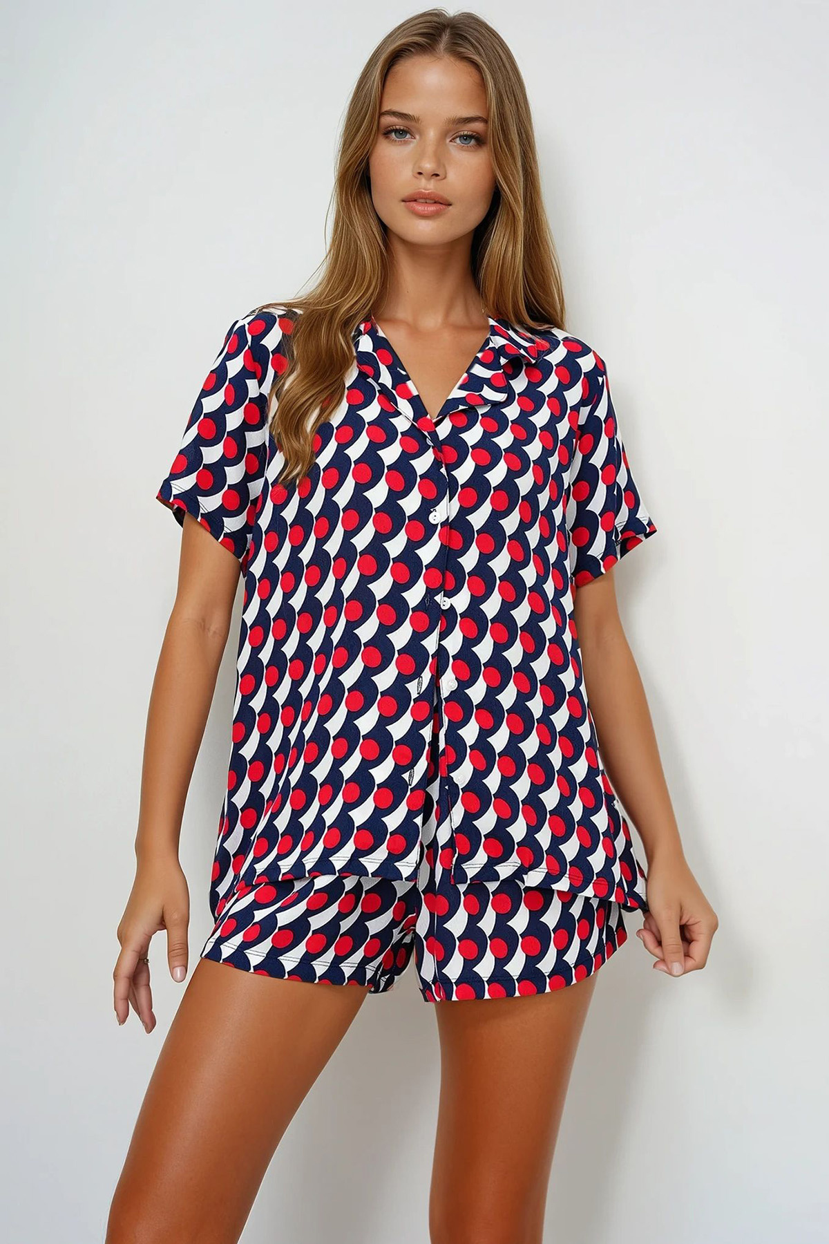 VAGGON-Geometric Patterned Buttoned Front Woven Shirt and Shorts Pajama Set 2