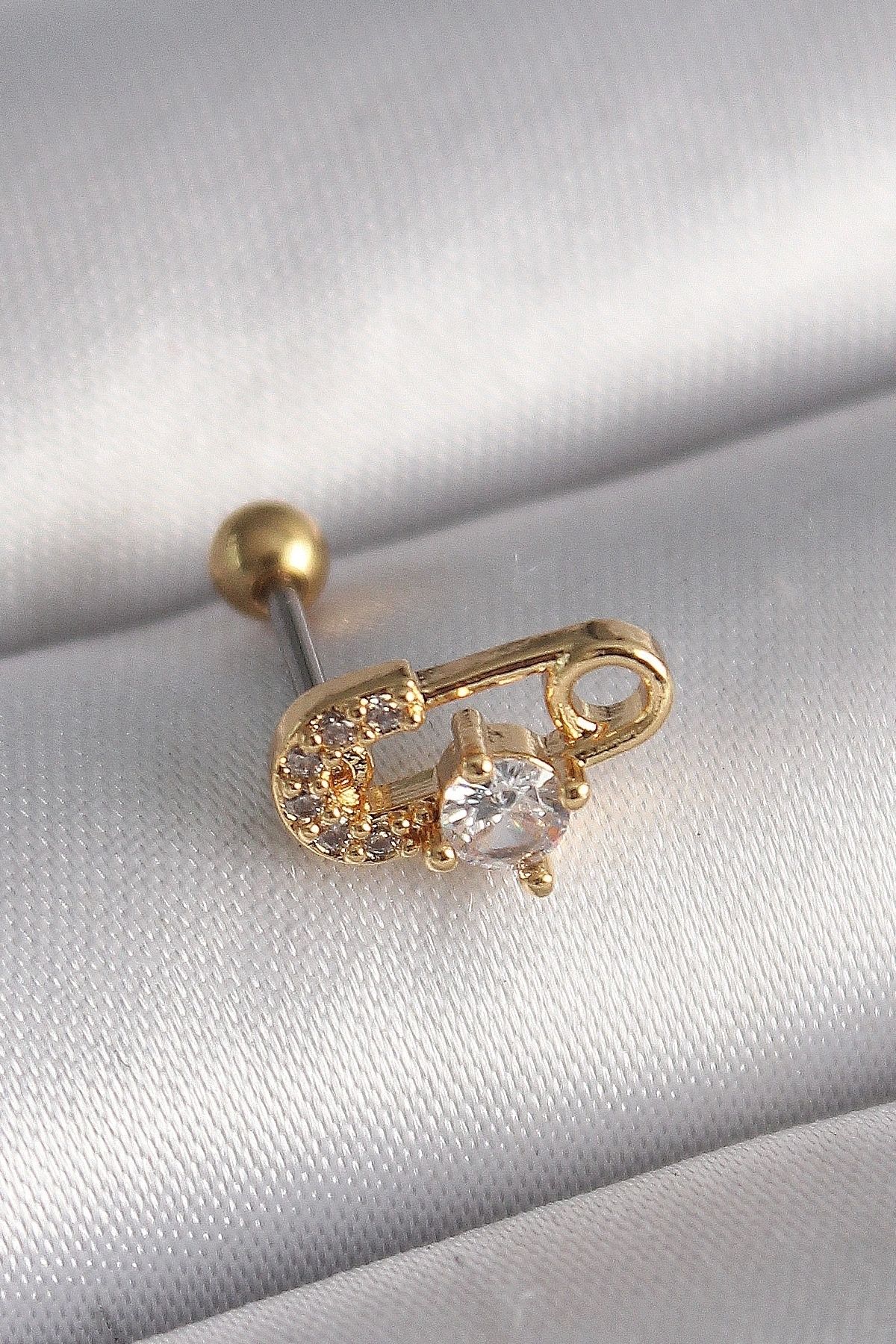 STOREMAX 316L Çelik Gold Renk Zirkon Taşlı Toplu İğne Tragus Piercing