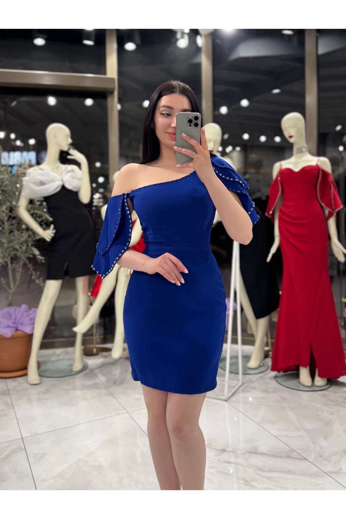missswans Nana Kol Detaylı Boncuk İşlemeli Mini boy Abiye Elbise Saks Mavi