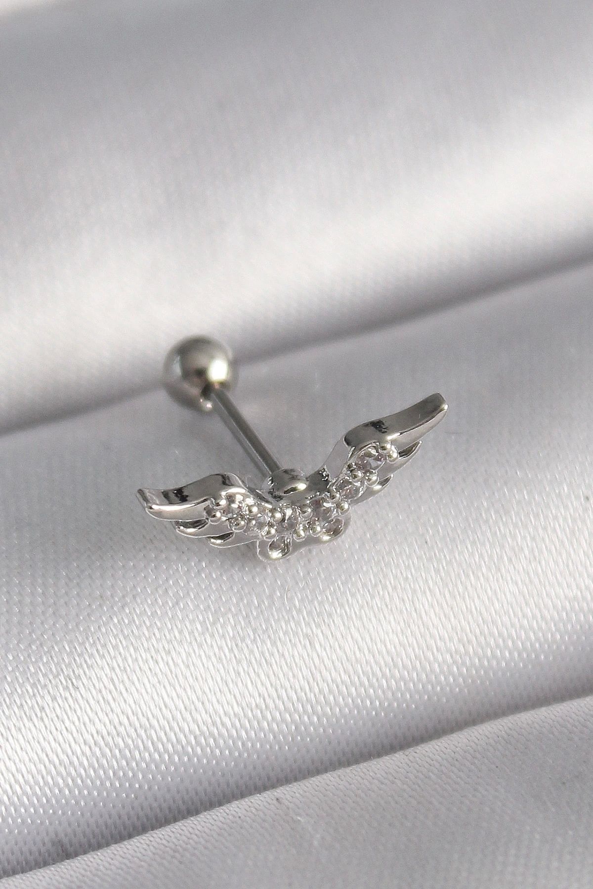 STOREMAX 316L Çelik Gümüş Renk Zirkon Taş Detay Kanat Model Tragus Piercing