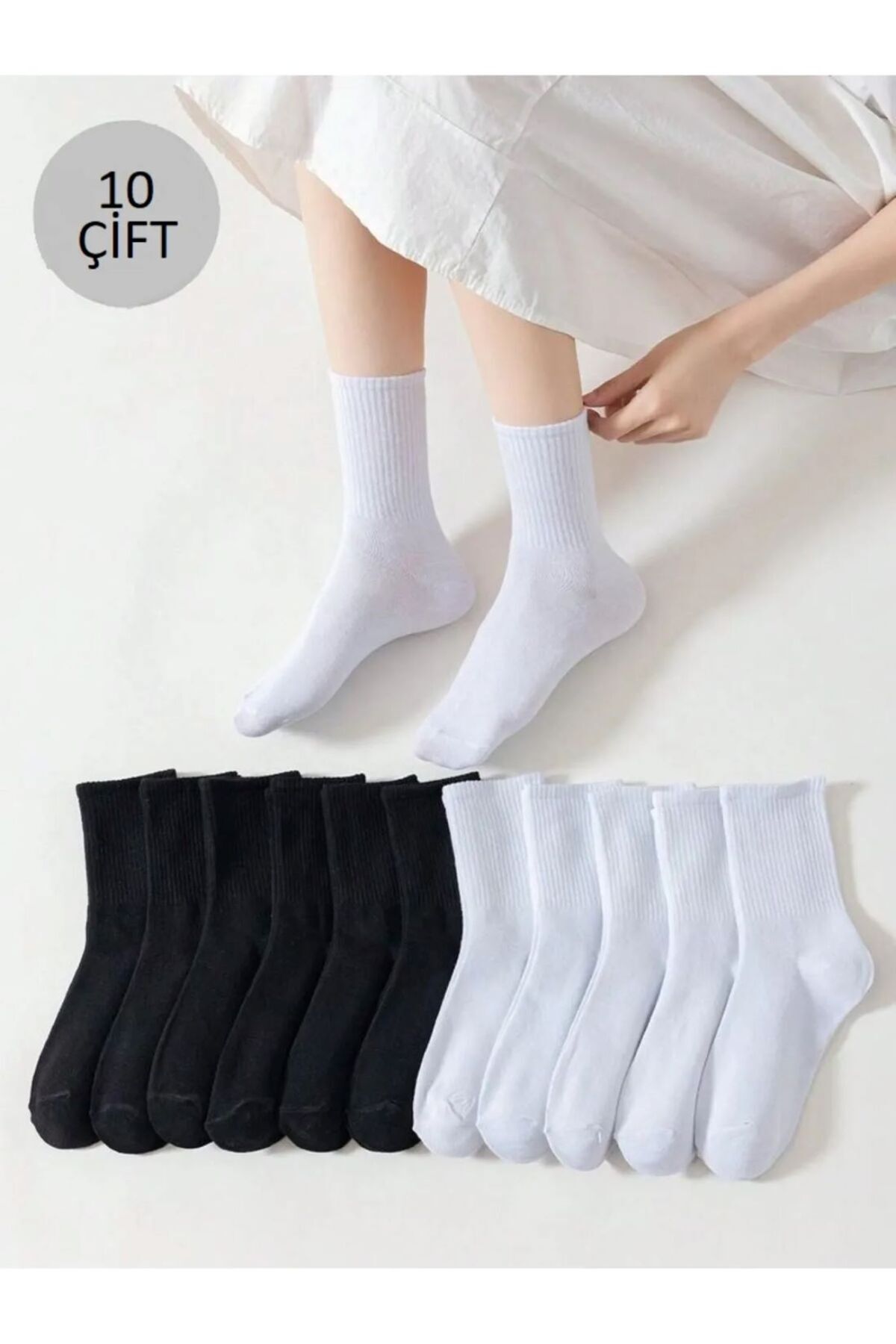 peru moda Unisex Beyaz Kolej Düz Desensiz Çorap 10 Adet