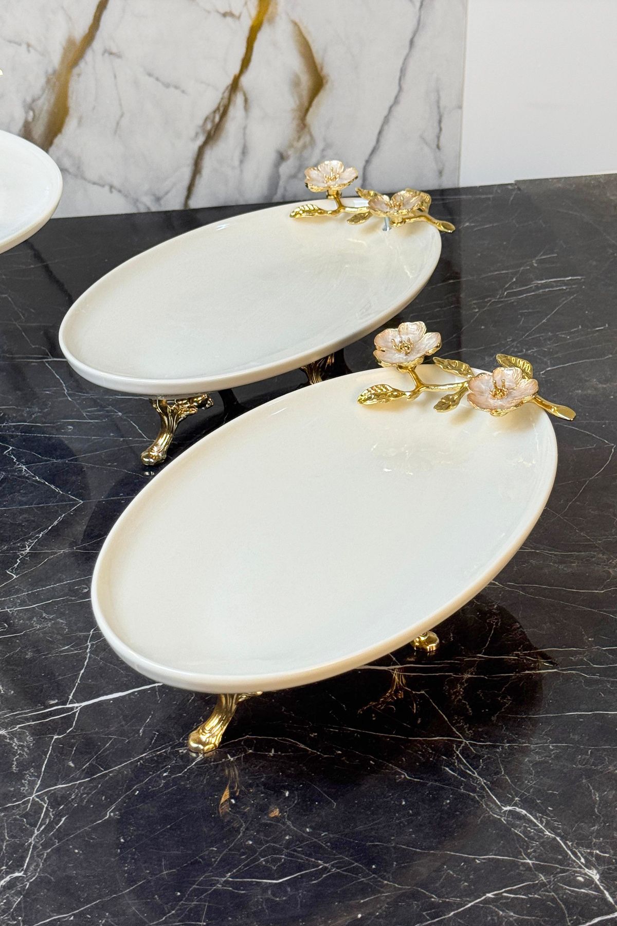 MAY HOME Laleza Taban Ayaklı 2'Li Oval Meze Sunum Tabağı & Porselen Kayık Tabak