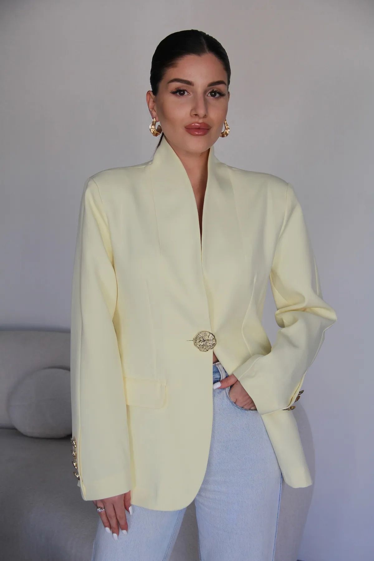 AlisaSu Gold Düğmeli Şal Yakalı Blazer Ceket