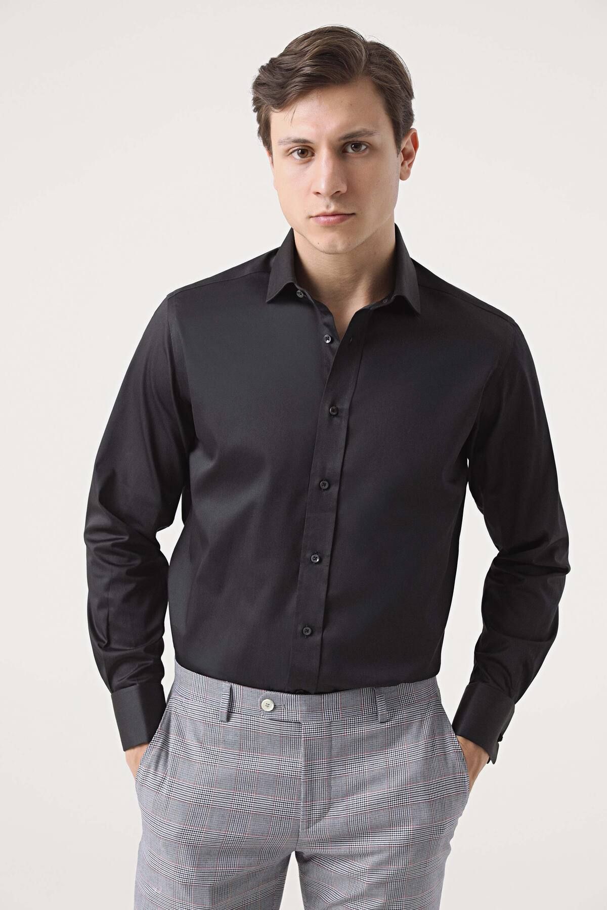 D'S Damat Ds Damat Regular Fit Siyah Düz Gömlek