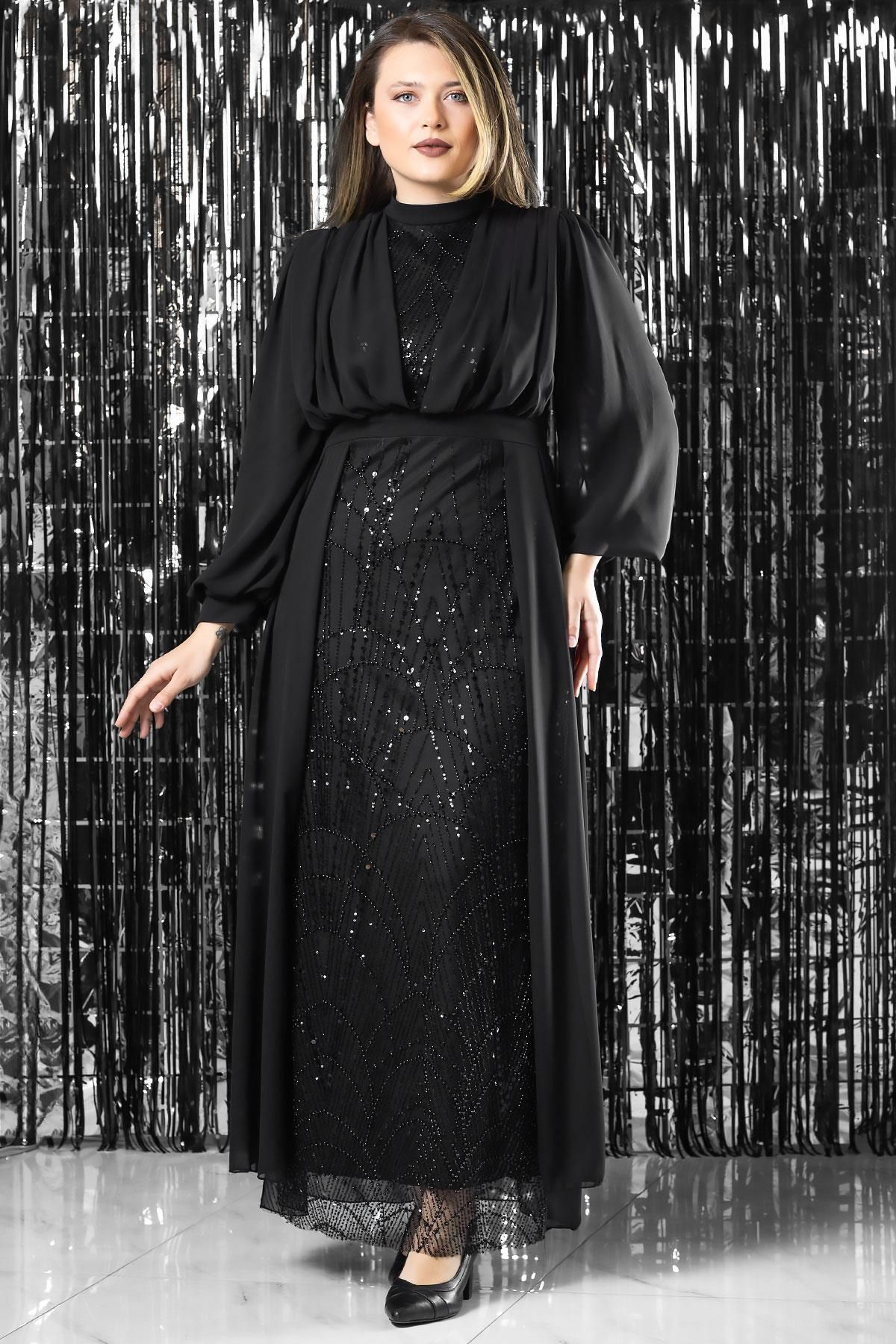 Fahima İşleme Detaylı Şifon Abiye Elbise Siyah FHM954