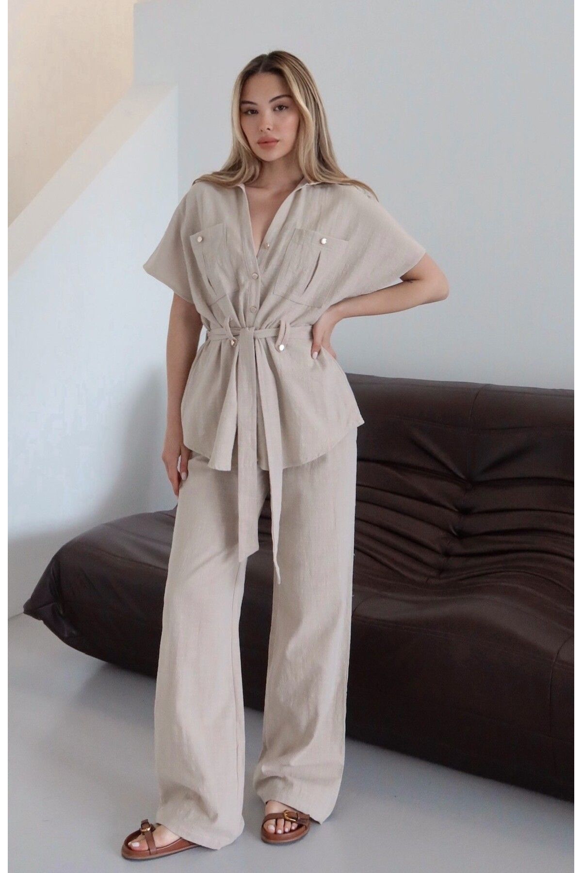 Laluvia Natural Düğmeli Kuşaklı Bluz Pantolon Takım - 7207