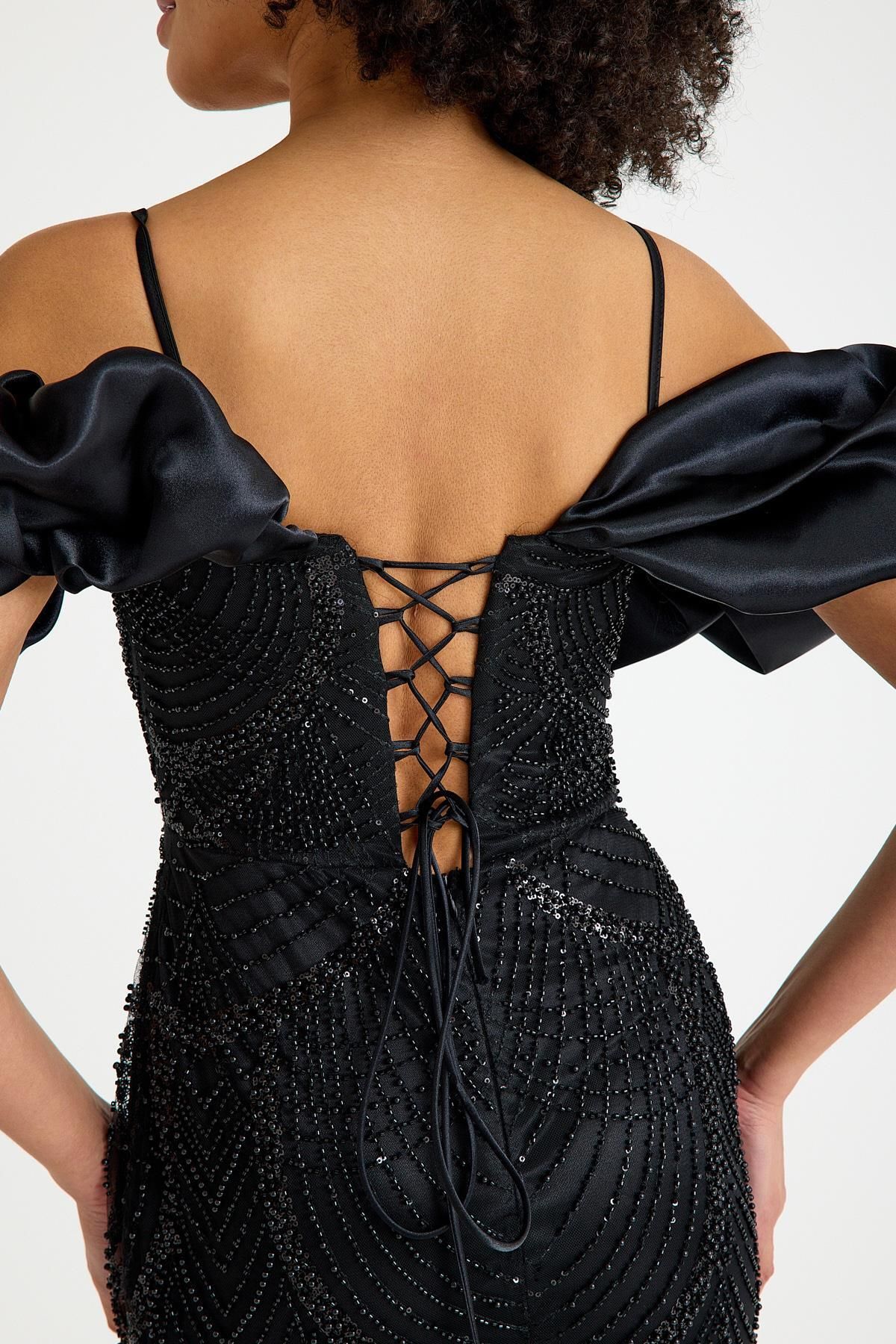 SpringStore-Black Off Shoulder Beading Embroidered Evening Dress 6