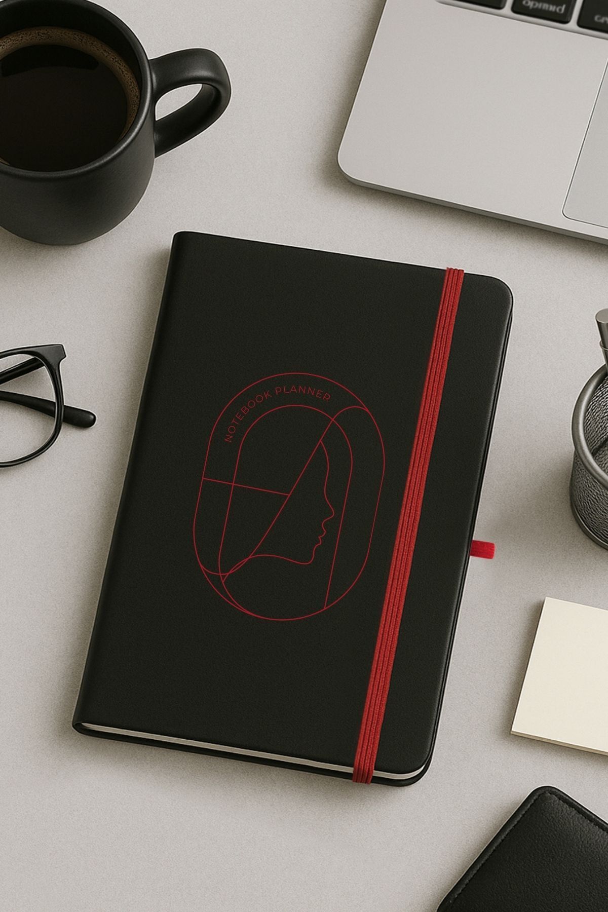 inkglo Kırmızı Line Art Tasarımlı Siyah Sert Kapaklı Çizgili Defter 13x21cm Lastikli