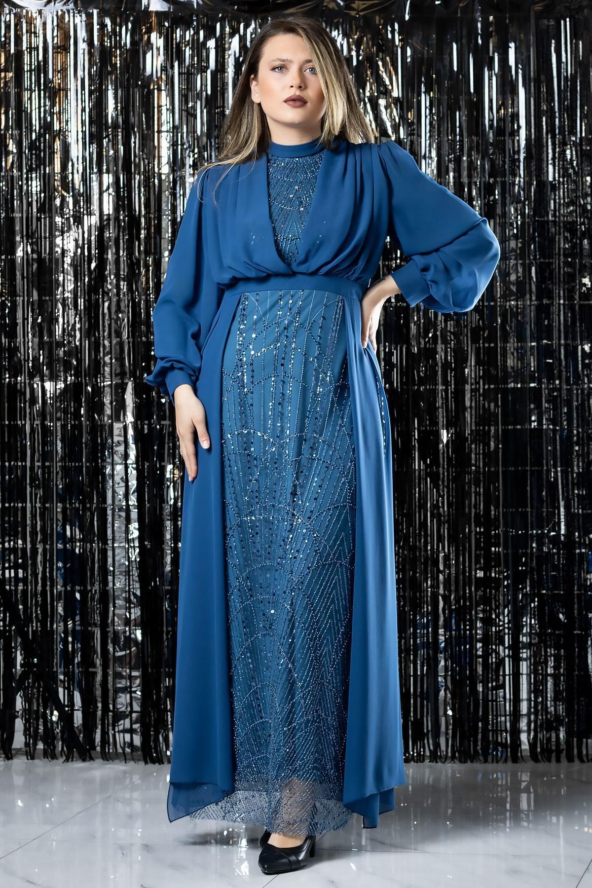 Fahima İşleme Detaylı Şifon Abiye Elbise İndigo FHM954