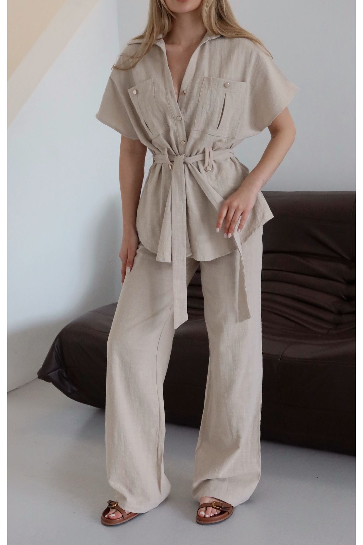 Laluvia-Natural Buttoned Belted Blouse Trousers Set - 7207 6