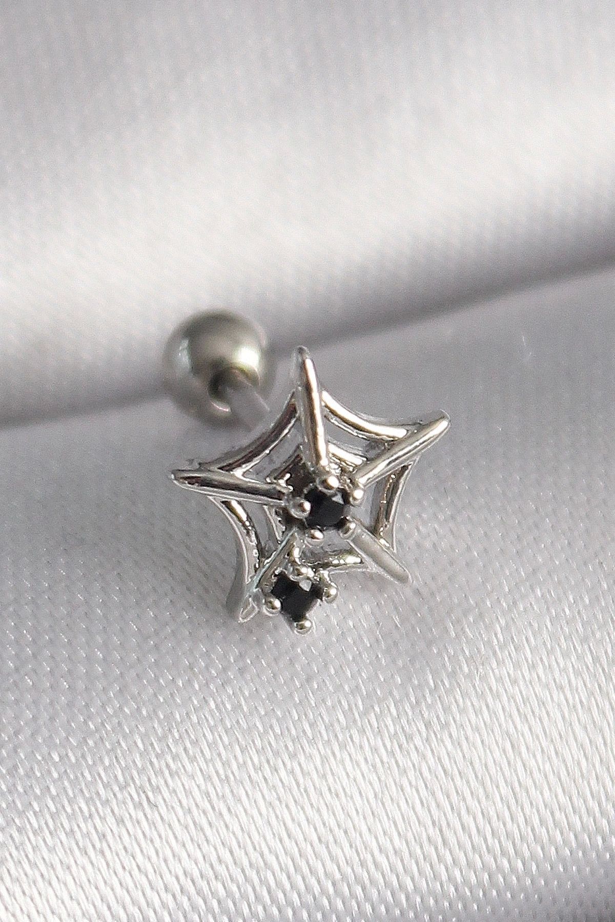 STOREMAX 316L Çelik Gümüş Renk Siyah Zirkon Taş Detay Örümcek Ağ Model Tragus Piercing