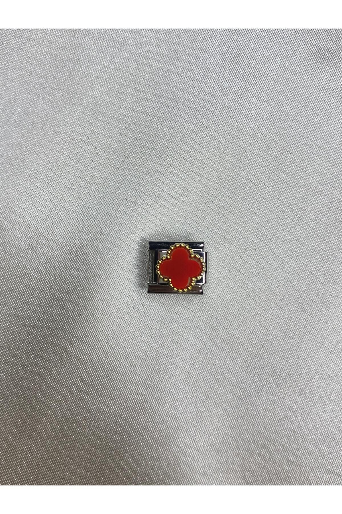 Çelik İtalyan Bileklik Charm Silver Kırmızı Yonca