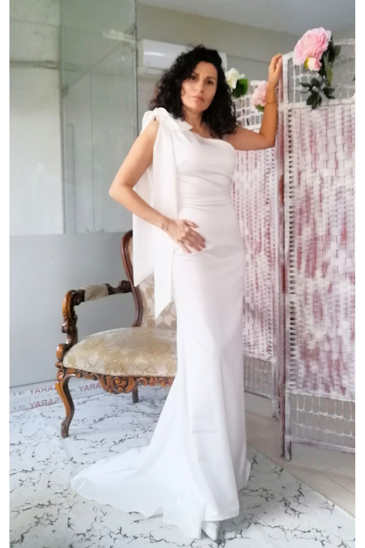Lore&More Tek Omuz Bağlamalı Nikah, Nişan, Abiye Ekru Saten Elbise