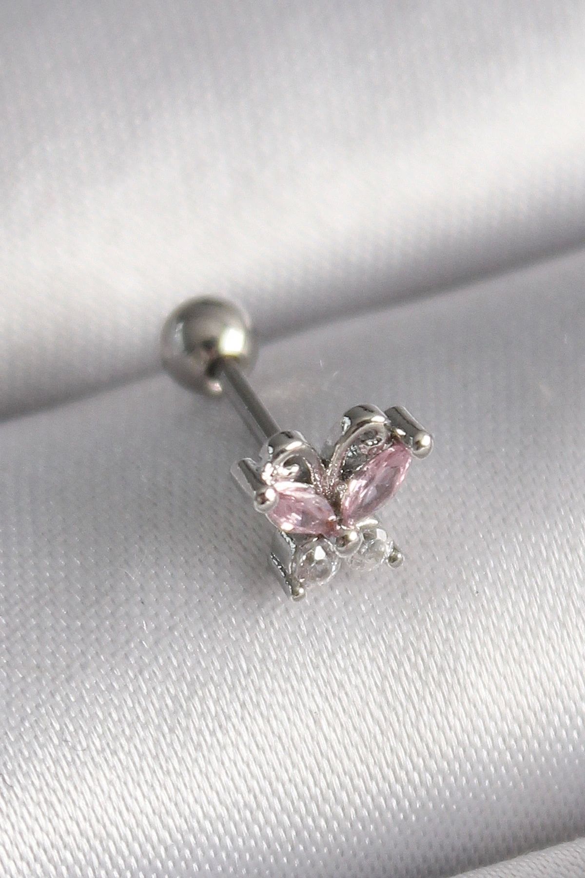 STOREMAX 316L Çelik Gümüş Renk Pembe Zirkon Taşlı Kelebek Tragus Piercing