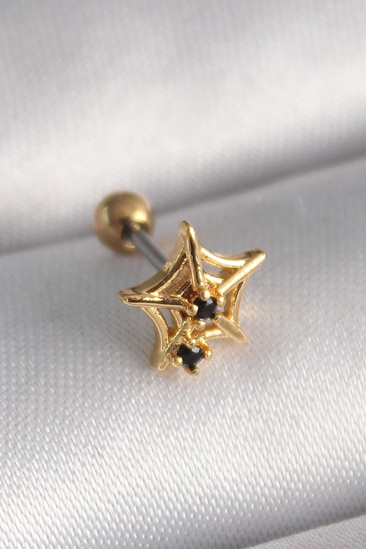 STOREMAX 316L Çelik Gold Renk Siyah Zirkon Taş Detay Örümcek Ağ Model Tragus Piercing