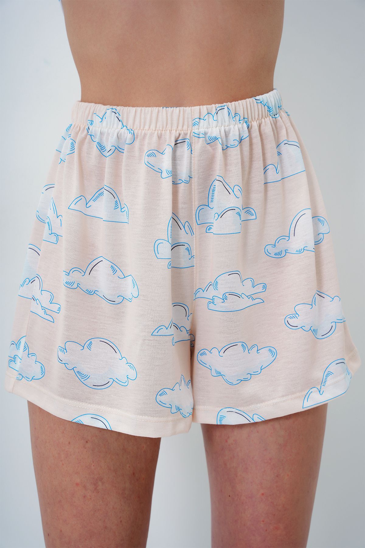 VAGGON-Women's Ecru Cloud Patterned Knitted Cotton Shirt and Shorts Pajamas Set Pjmx13887 4