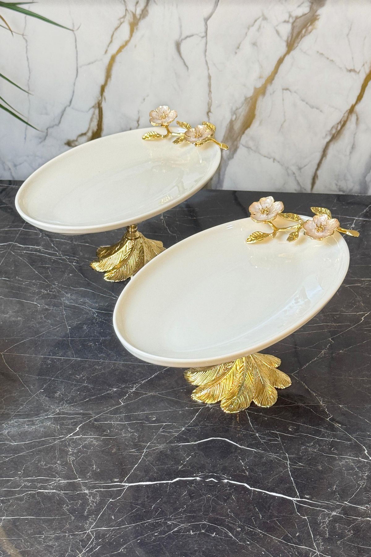 MAY HOME Laleza Kand Ayaklı 2'Li Oval Meze Sunum Tabağı & Porselen Kayık Tabak