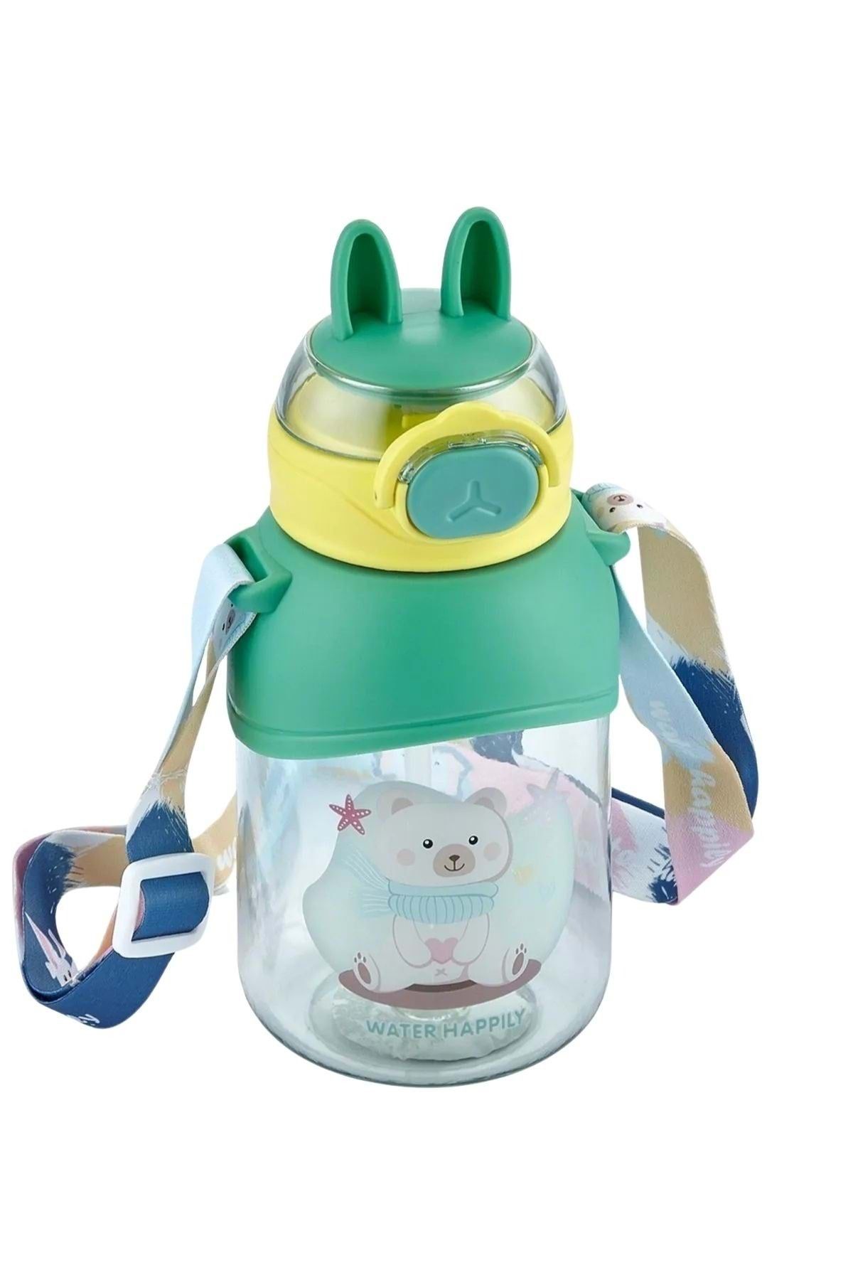 wakawakakidsstore Tavşan Kulaklı Pembe Çocuk Pipetli Suluk Matarası (400 ml) - Yeşil - 2-8 YAŞ