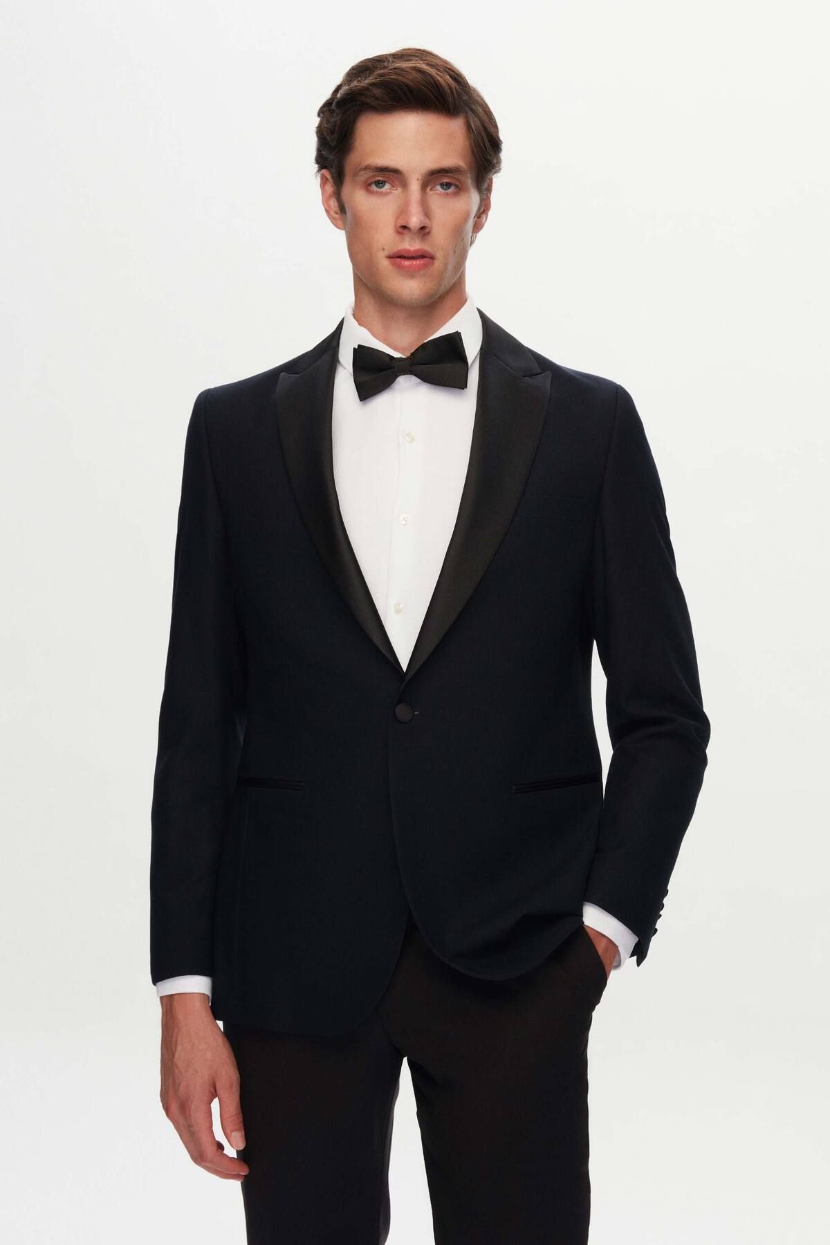 D'S Damat Ds Damat Slim Fit Lacivert Krep Desen Smokin Takim Elbise