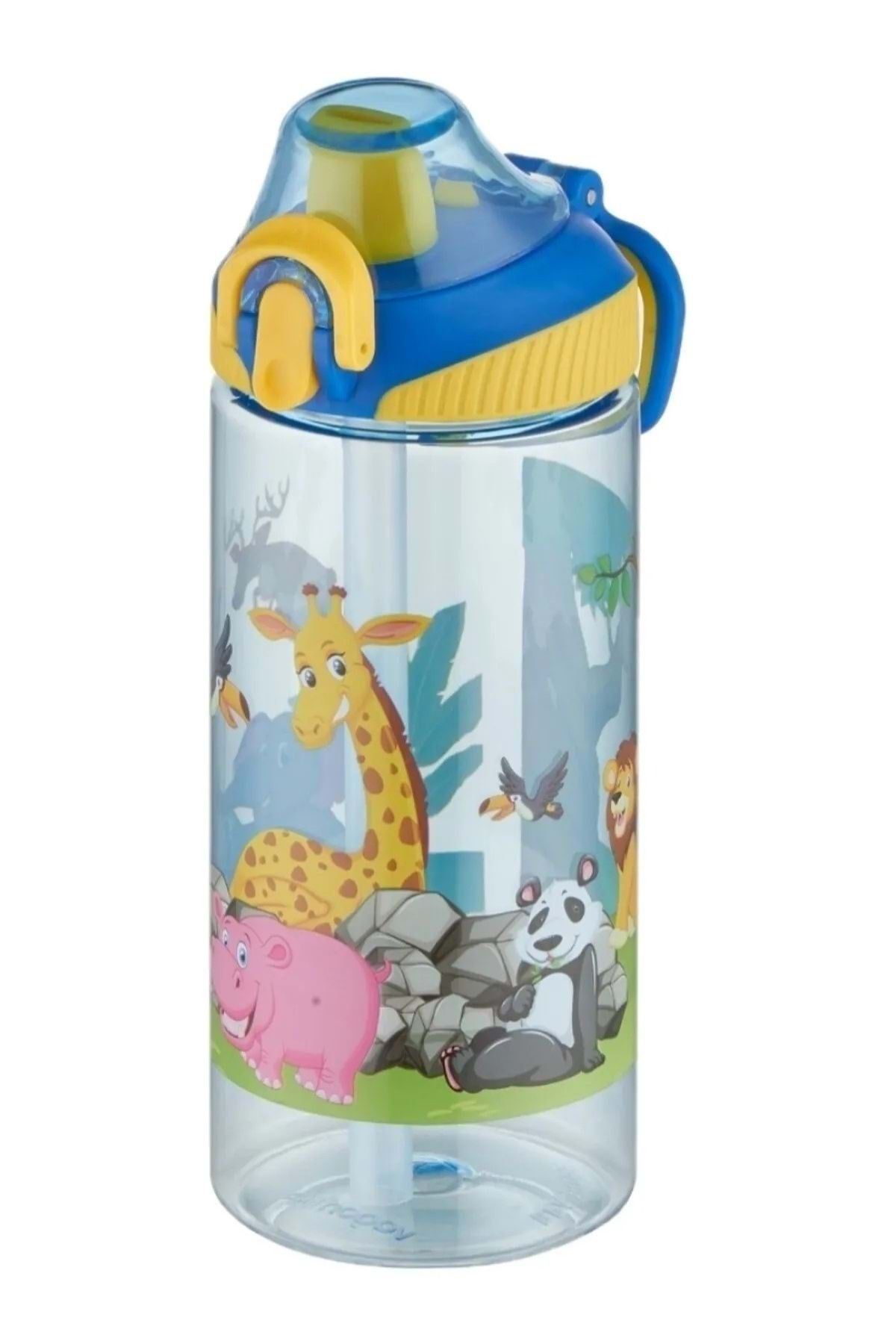 wakawakakidsstore afari Hayvanları Desenli Pipetli Çocuk Suluk Matarası (500 ml) - Mavi - 2-8 YAŞ
