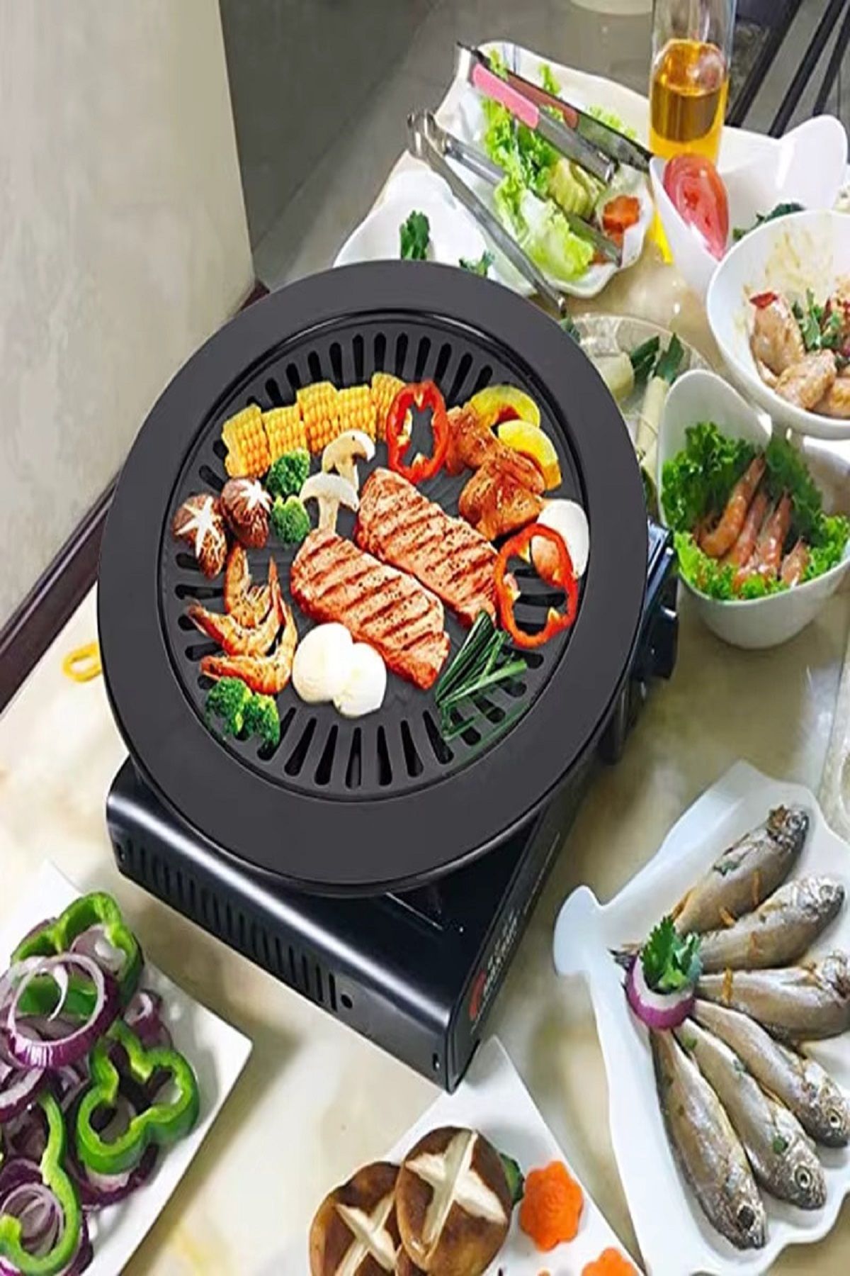 UGA İthalat Taşınabilir Dumansız Barbekü Izgara Tavası Yapışmaz Metal Su Hazneli Gaz ve Elektrikli Ocak Uyumlu