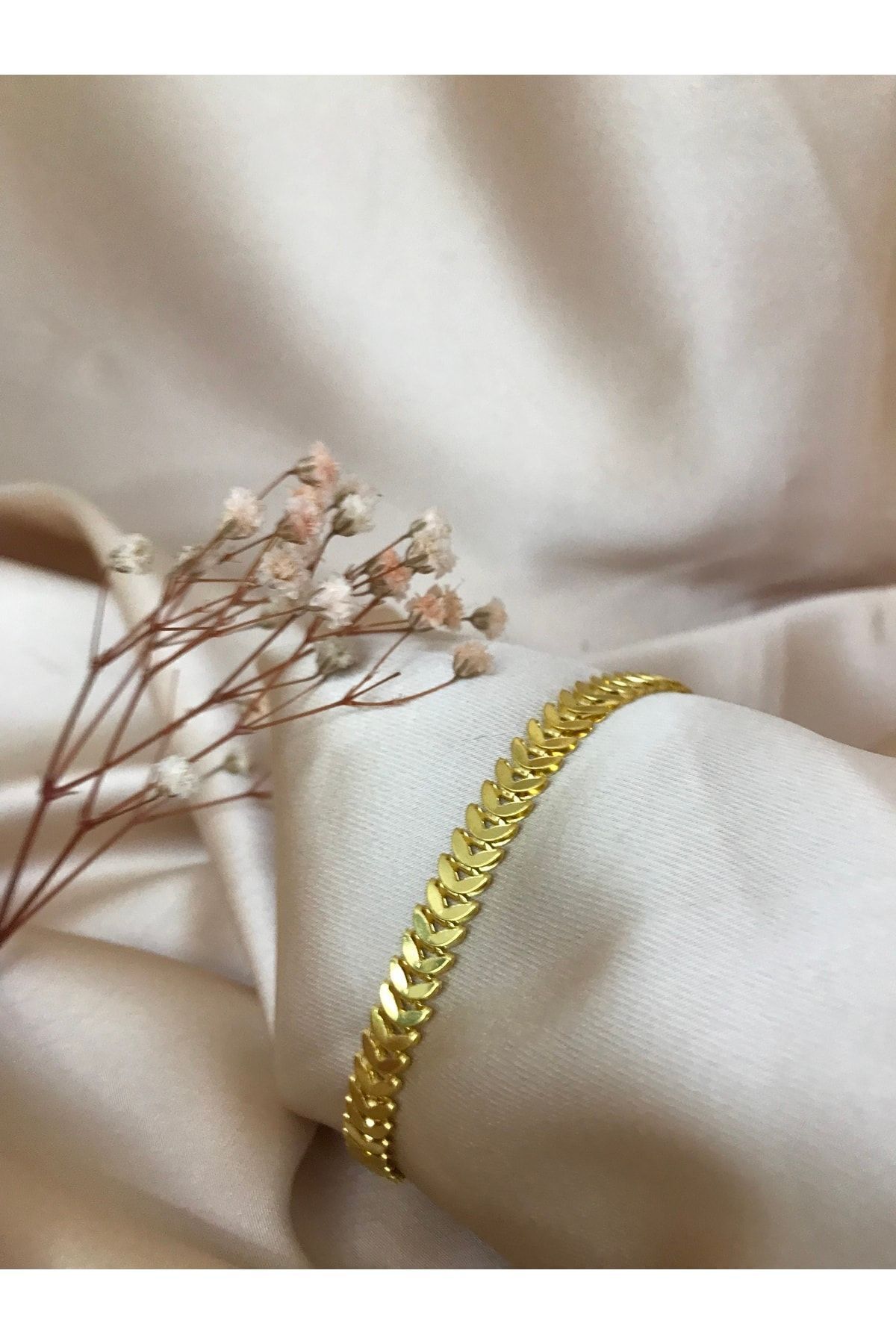 delal shop Kopuz Jewelry Balık Kılçığı Yassı Gold Kaplama Künye Kılçık Bileklik