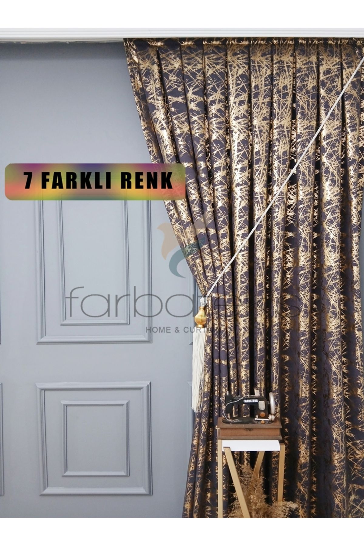 farbateks Füme Gri Gold Varak Parlak Bağcıklı Opart Kumaş 3Kat Pileli Fon Perde