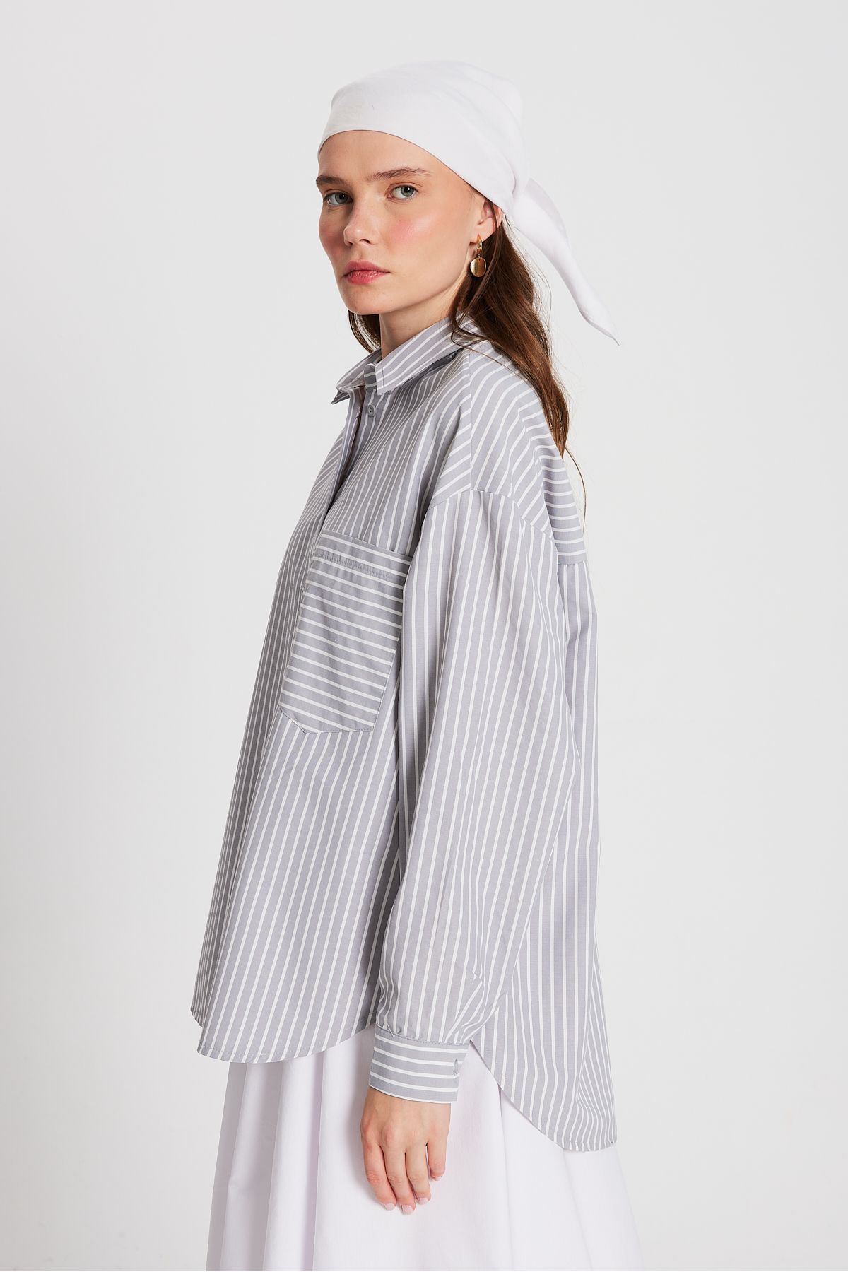 minaaise-Oversize szürke fehér csíkos ing - zseb, 27135-ös modell 5