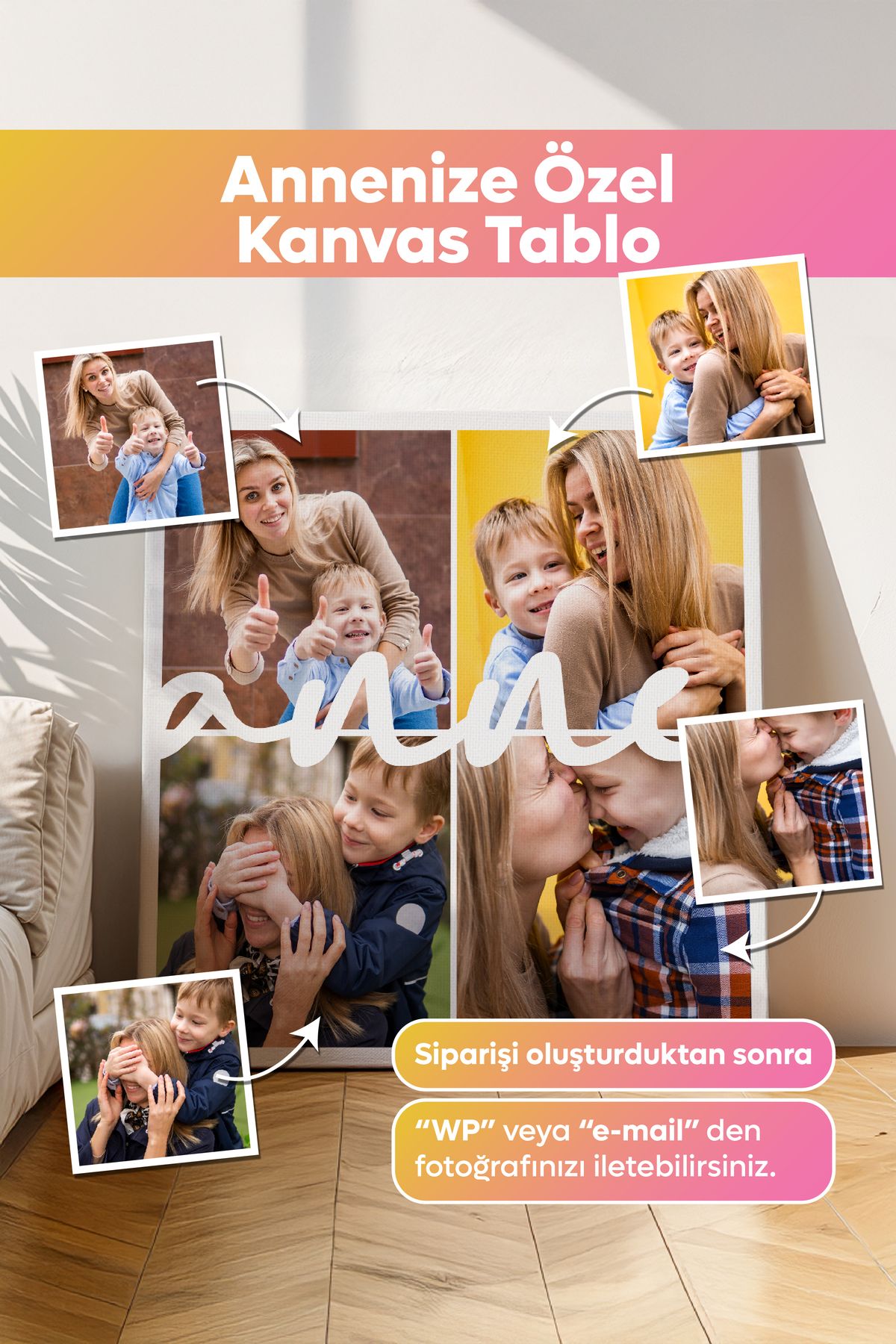 Dekopix Kişiye Özel - Anne Yazılı 4 Fotoğraflı - Kanvas Tablo